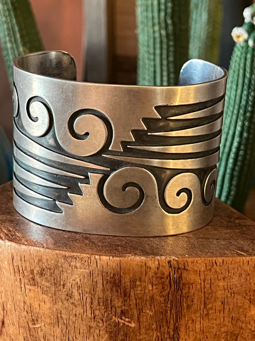 Handcrafted Old Pawn Sterling Silver Water Design Overlay Cuff, Unsigned