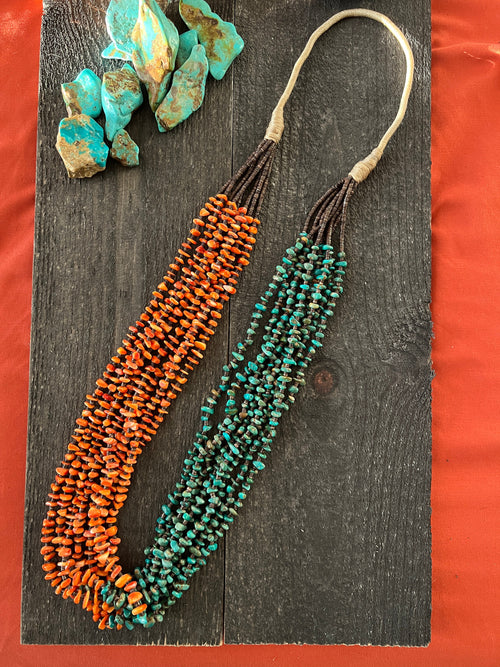 Handcrafted Eight Strand Spiny Oyster and Turquoise Beaded Squaw Wrap Necklace by Daniel Coriz