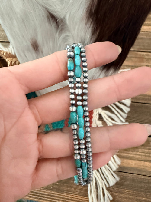 Handcrafted Turquoise & Sterling Silver Pearl Triple-Strand Beaded Necklace