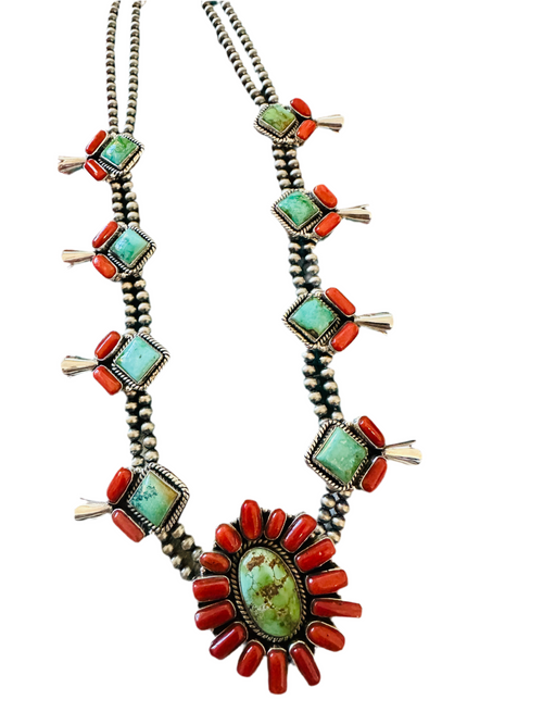 ** Christmas Collection ** Handmade Sterling Silver, Turquoise & Coral Necklace Signed Nizhoni