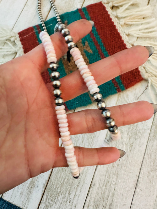 Navajo Sterling Silver Pearl & Queen Pink Conch 36” Beaded Necklace