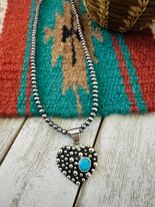 Handcrafted Turquoise & Sterling Silver Pearl Beaded Heart Necklace
