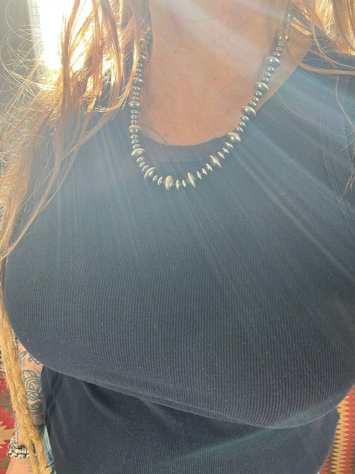 Vinita Cowboy Handmade 6, 8 & 13mm Sterling Silver Navajo Pearl Mixed Saucer Necklace, 21 inches