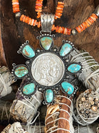 Rosella Paxson Natural Royston Turquoise and Fine Silver Indian Head Bullion Cluster Pendant