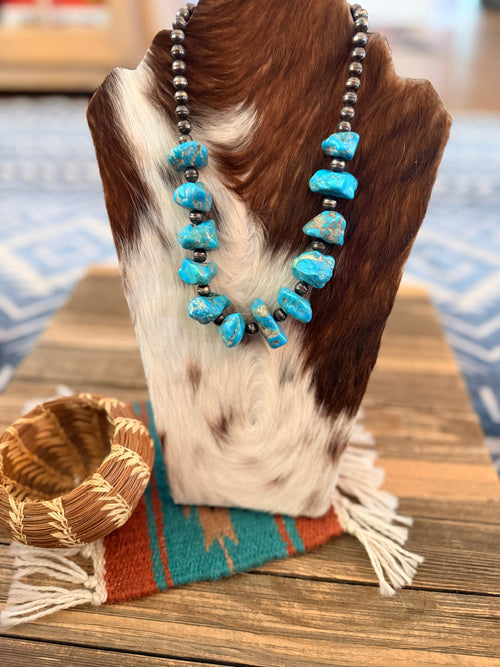 Old Pawn Handcrafted Turquoise & Sterling Silver Pearl Beaded 18” Necklace