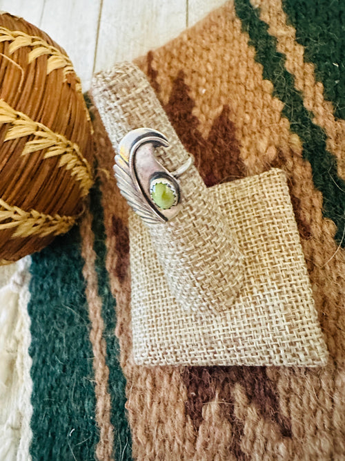 Handcrafted Old Pawn Sterling Silver & Turquoise Feather Ring Size 6.25