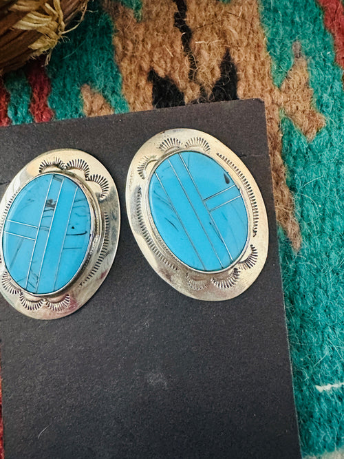 Handcrafted Old Pawn Sterling Silver & Turquoise Inlay Post Earrings