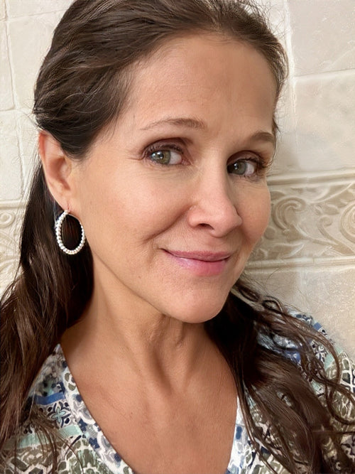 Beaded Hoop Earrings Sterling Silver 1 1/8”✅