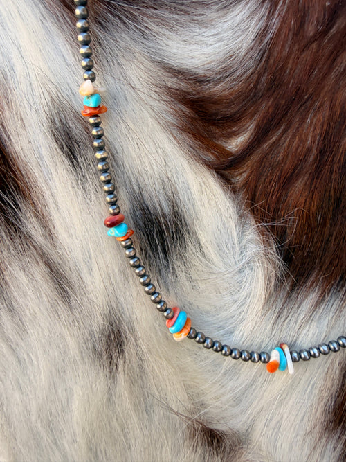 Handcrafted Turquoise, Spiny & Sterling Silver Pearl 18” Beaded Necklace