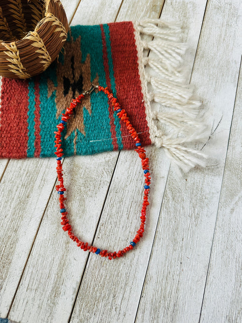 Handcrafted Apple Coral, Lapis & Sterling Beaded Necklace