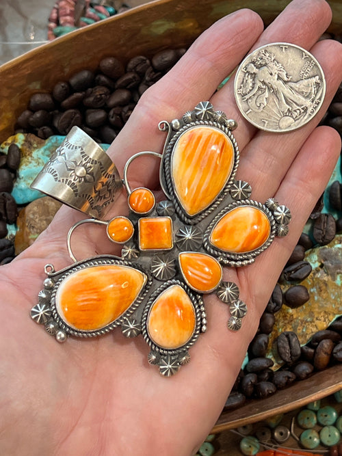 Apache Sterling Silver and Orange Spiny Oyster Shell Butterfly Pendant by Rosella Paxson