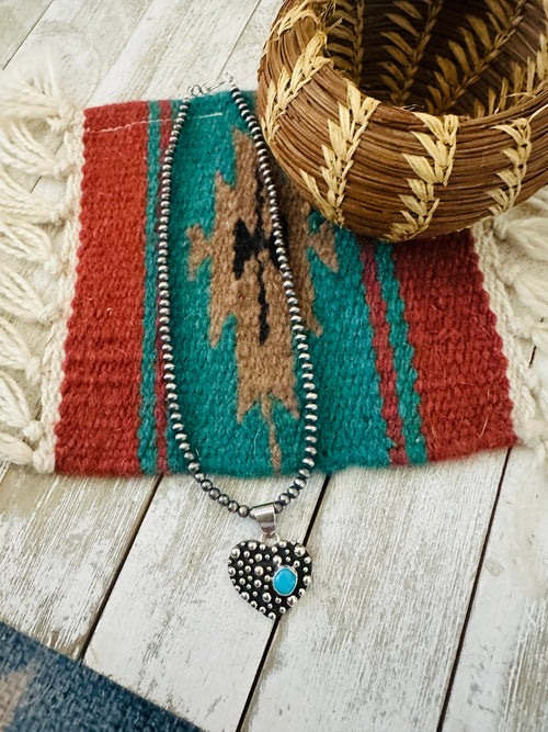 Handcrafted Turquoise & Sterling Silver Pearl Beaded Heart Necklace
