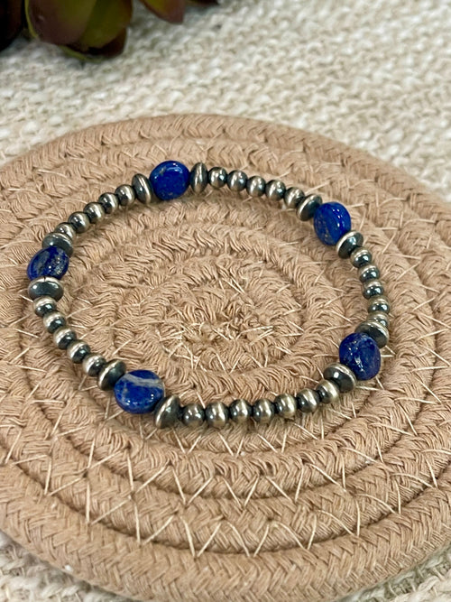 ** 4TH OF JULY ** Handmade Sterling Silver & Lapis Beaded Bracelet Signed Nizhoni
