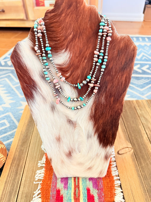 Handcrafted Turquoise, Queen Pink Conch and Sterling Silver Pearl Beaded Necklace