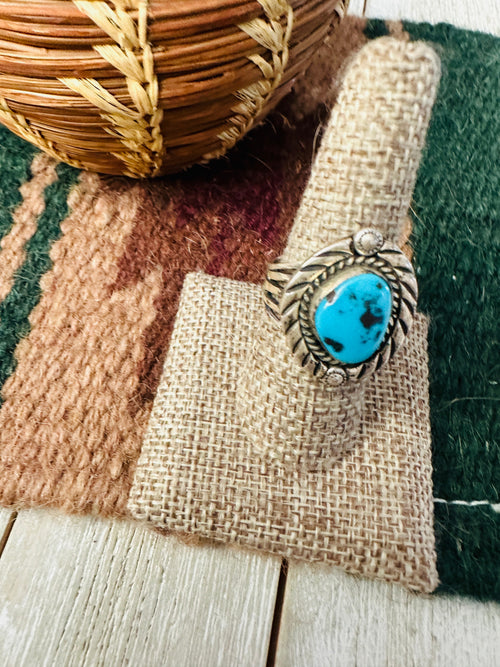 Old Pawn Handcrafted Turquoise & Sterling Silver Ring Size 9