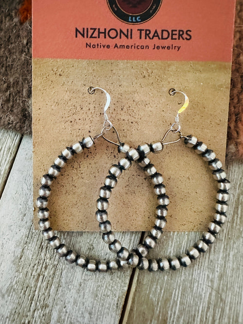 Navajo Sterling Silver Pearl Beaded Dangle Hoop Earrings