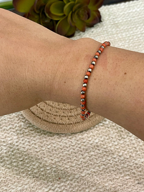 ** 4TH OF JULY ** Handmade Sterling Silver & Coral Beaded Bracelet with Signed Nizhoni