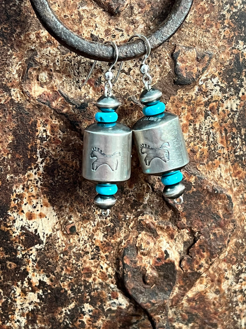 Sterling Silver and Turquoise Handcrafted Barrel Bead Earrings by Preston Haley