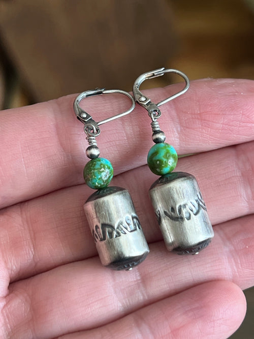 Handcrafted Sterling Silver Stamped Barrel & Sonoran Turquoise Bead Earrings