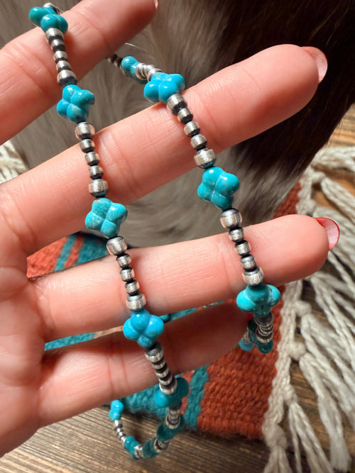 Handcrafted Turquoise & Sterling Silver Pearl 20" Beaded Necklace