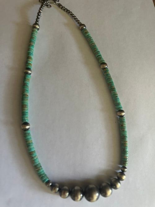 Handmade Sterling Silver & Turquoise Beaded Necklace 18-20”