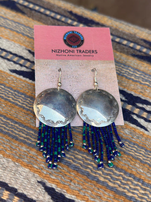 Old Pawn Sterling Silver Azurite Beaded Tassel Earrings