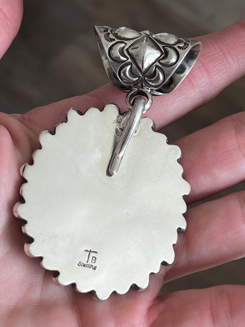 Navajo Sterling Silver, Mediterranean Coral and Spiderweb Turquoise Pendant by Tyler Brown