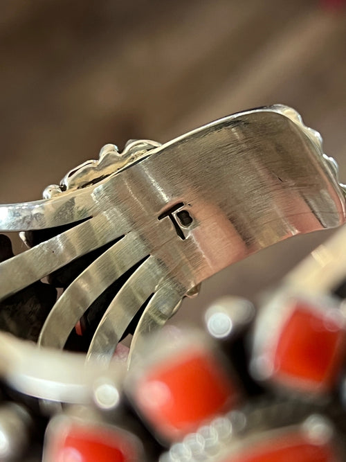 Navajo Sterling Silver, Mediterranean Coral and Spiderweb Kingman Turquoise Cuff Bracelet by Tyler Brown