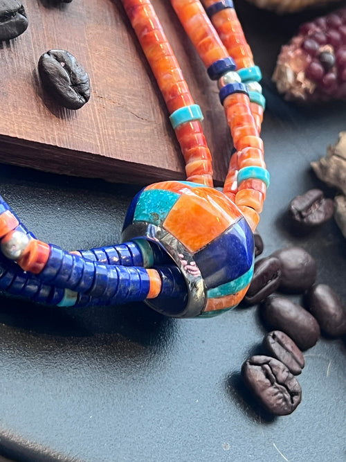 Daniel Coriz Triple Strand Lapis, Spiny Oyster and Turquoise Beaded Necklace w/ Removable Sterling Silver & Stone Inlay Bead