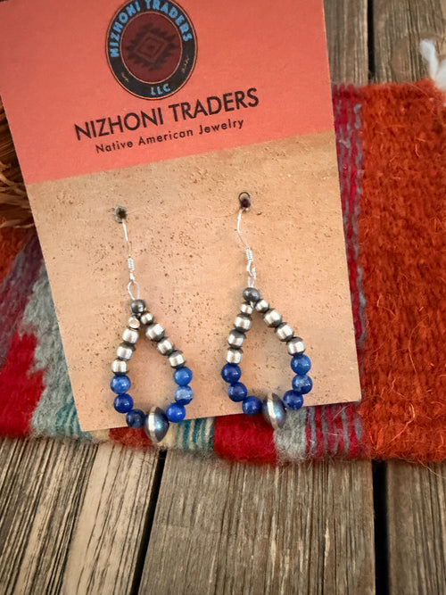 Handcrafted Lapis & Sterling Silver Pearl Beaded Dangle Hoop Earrings