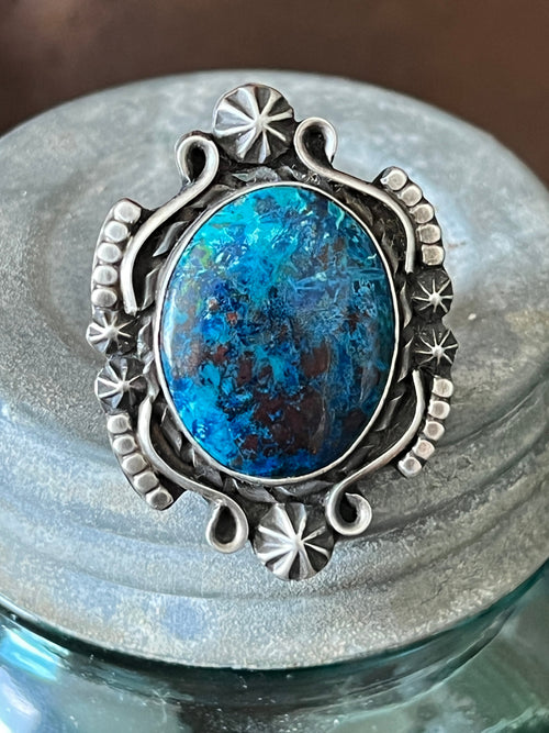 Apache Sterling Silver and Chrysocolla Azurite Ring by Rosella Paxson, Size 7