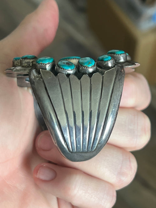 Vintage Cast Sterling Silver and Turquoise Flower Motif Cuff Bracelet