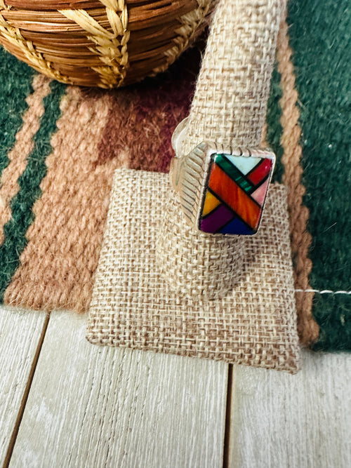 Old Pawn Handcrafted Multi Stone & Sterling Silver Inlay Ring Size 9