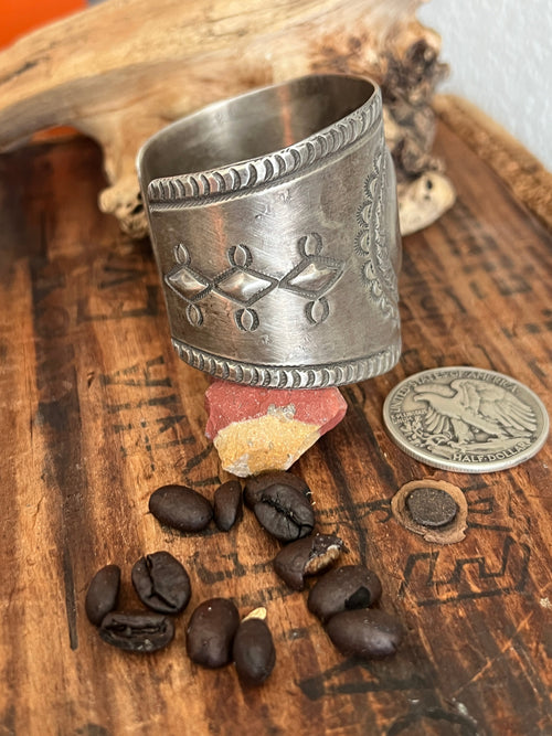 Hand Forged Old Pawn Sterling Silver Ingot Cuff Bracelet by Santa Fe Artist Buffalo, Concho Grande