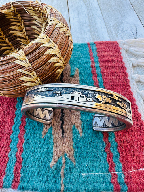 Handcrafted Old Pawn Sterling Silver with 14K Gold Overlay Storyteller Cuff Bracelet