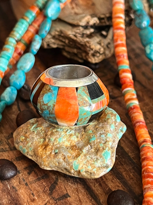 Daniel Coriz Triple Strand Spiny Oyster and Turquoise Beaded Necklace w/ Removable Sterling Silver & Stone Inlay Bead
