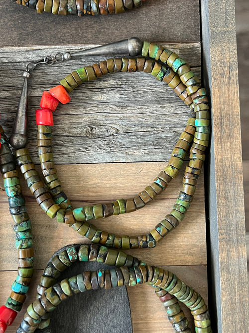 Navajo Hubei Turquoise Beaded Necklace with Sterling Silver and Bamboo Coral by Kirby Smith: 13 To Choose From!
