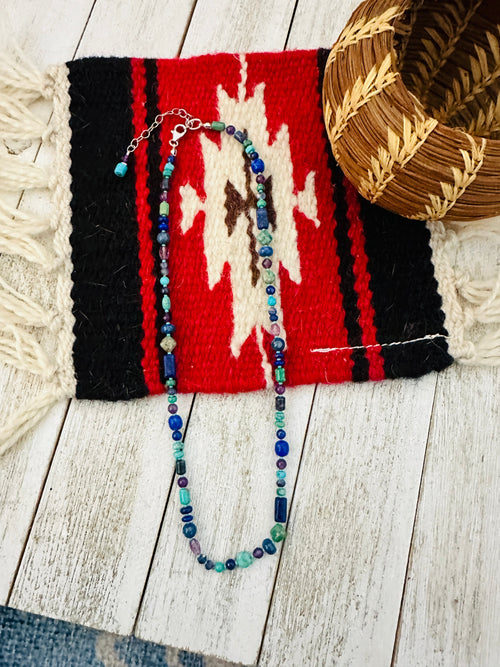 Handcrafted Multi Stone & Sterling Silver Pearl Beaded 17”Necklace w/ 3” extender