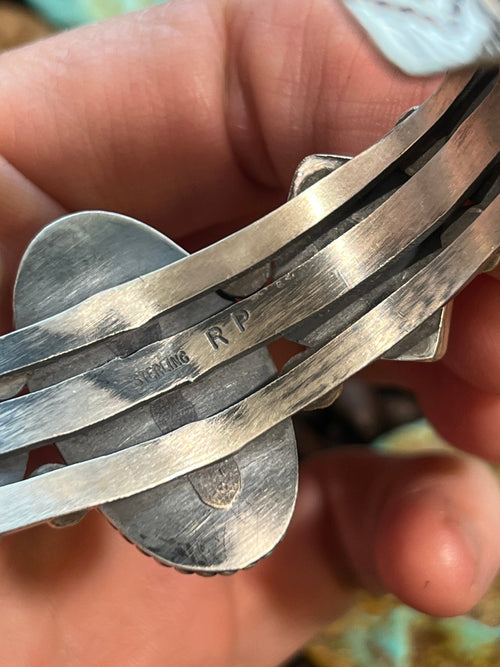 Handcrafted Sterling Silver and Orange Spiny Oyster Shell Geometric Row Cuff by Rosella Paxson