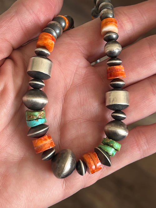 Navajo Made Electric Rainbow Sterling Silver, Turquoise and Spiny Oyster Single Strand Beaded Necklace by Rose Martin, 18 + 2 Inches