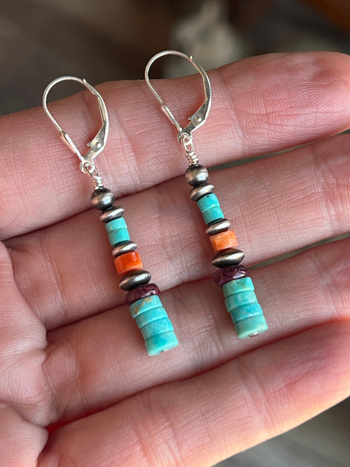 Navajo Made Sterling Silver Summer Lovin’ Turquoise and Spiny Oyster Beaded Drop Earrings, Leverbacks