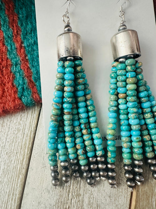 Handcrafted Turquoise & Sterling Silver Pearl Beaded Tassel Dangle Earrings