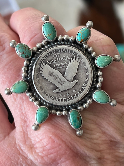 Rosella Paxson Sterling Silver, Liberty Quarter and Hubei Turquoise Cluster Ring, Size 7.25