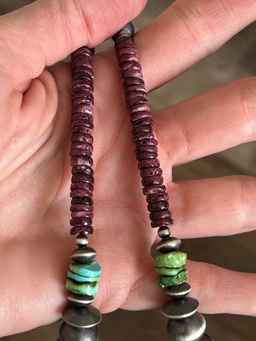 Navajo Made Electric Rainbow Sterling Silver, Turquoise and Spiny Oyster Single Strand Beaded Necklace by Rose Martin, 22 + 2 Inches