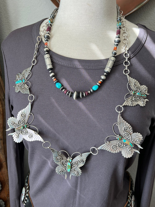 Handcrafted Sterling Silver, Kingman Turquoise and Spiny Oyster Shell Handcrafted Electric Rainbow Beaded Necklace by Rose Martin, 26 + 1-1/2 inch