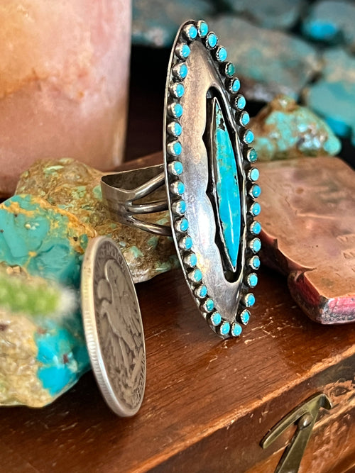 Old Pawn Sterling Silver and Turquoise Shadowbox Ring Signed LM