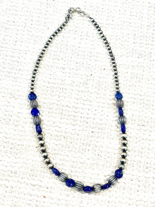 ** 4TH OF JULY ** Handmade Sterling Silver & Lapis Beaded Necklace with Signed Nizhoni