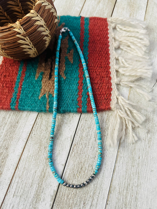 Handcrafted Turquoise & Sterling Silver Pearl Beaded Necklace 18"