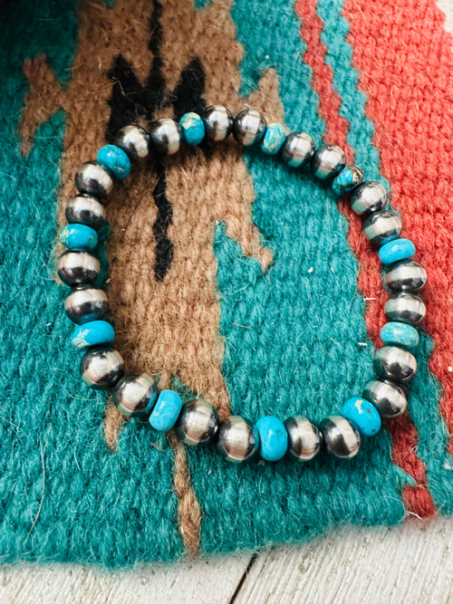 Handcrafted Turquoise & Sterling Silver Pearl Beaded Stretch Bracelet