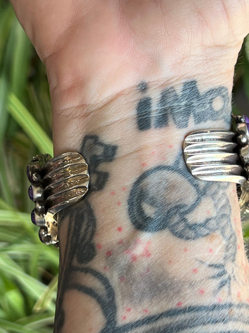 Handcrafted Sterling Silver, Charoite and Golden Hills Turquoise Cluster Cuff Bracelet by Tyler Brown /